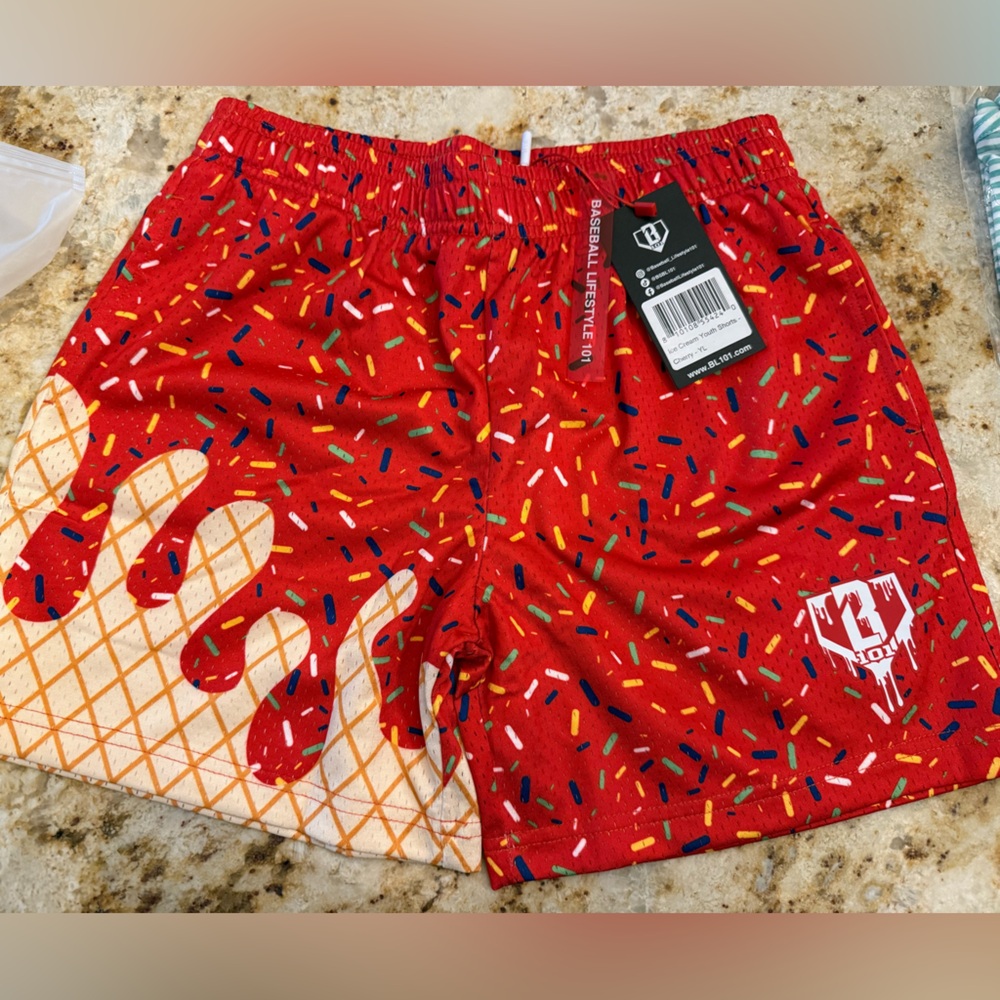 Baseball Lifestyle 101 Ice Cream Youth Shorts – Cherry – YL – NWT